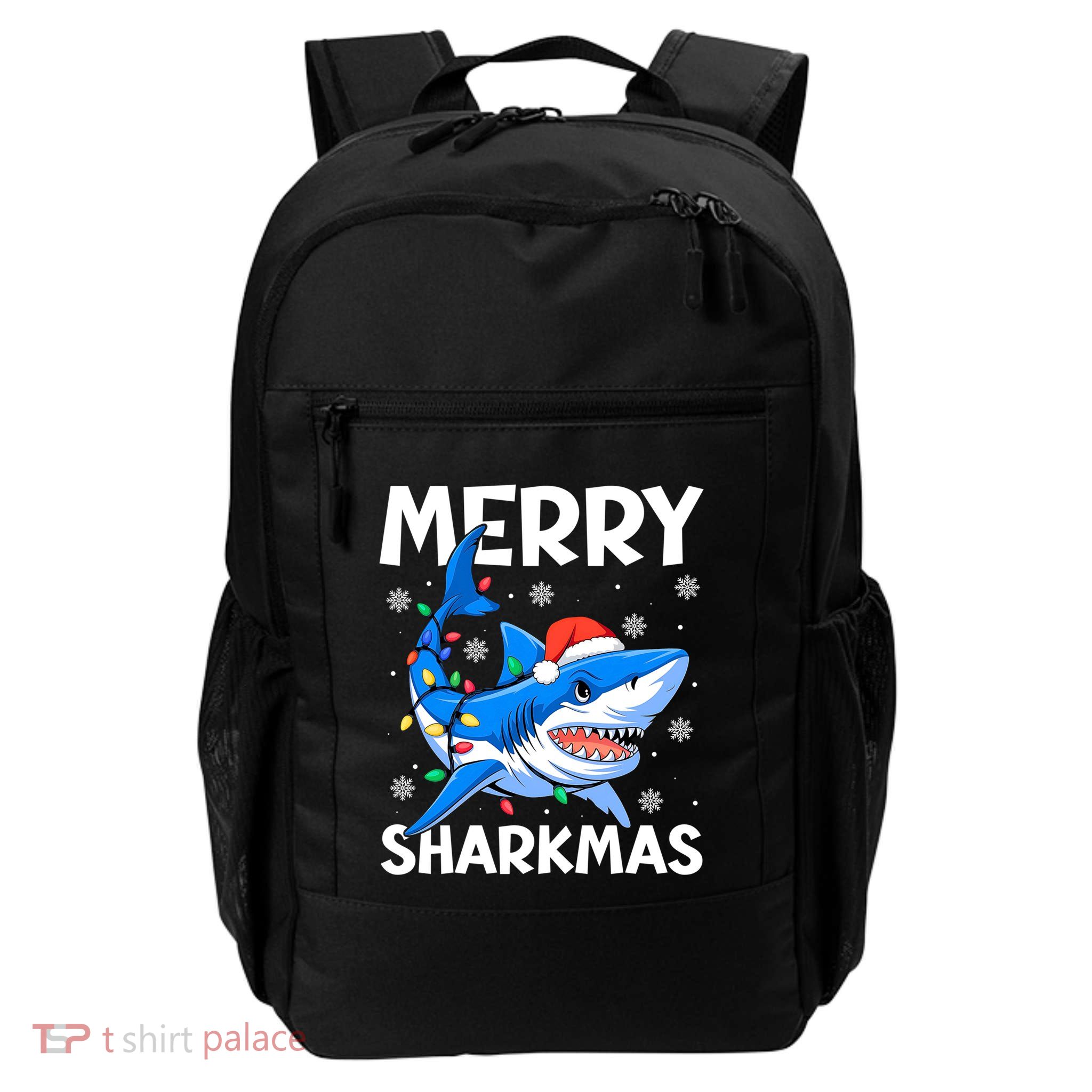 Merry Sharkmas Santa Hat Lights Funny Christmas Snowflakes Gift Daily Commute Backpack