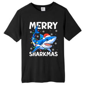 Merry Sharkmas Santa Hat Lights Funny Christmas Snowflakes Gift Tall Fusion ChromaSoft Performance T-Shirt