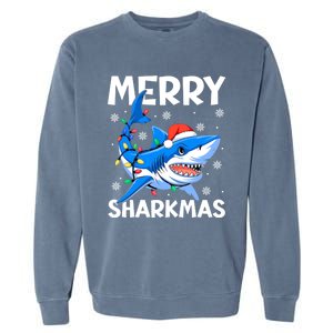 Merry Sharkmas Santa Hat Lights Funny Christmas Snowflakes Gift Garment-Dyed Sweatshirt