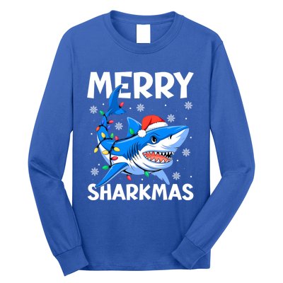 Merry Sharkmas Santa Hat Lights Funny Christmas Snowflakes Gift Long Sleeve Shirt