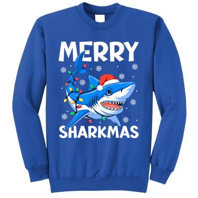 Merry Sharkmas Santa Hat Lights Funny Christmas Snowflakes Gift Sweatshirt