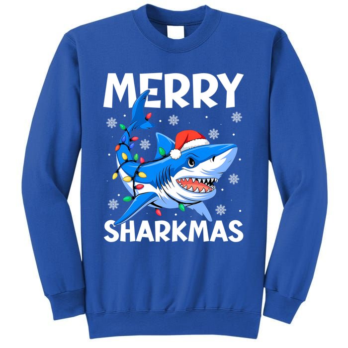 Merry Sharkmas Santa Hat Lights Funny Christmas Snowflakes Gift Sweatshirt