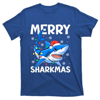 Merry Sharkmas Santa Hat Lights Funny Christmas Snowflakes Gift T-Shirt