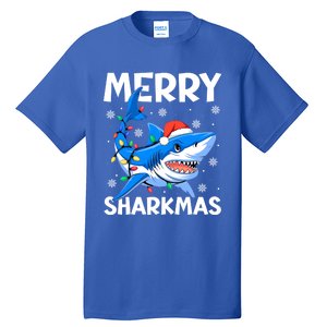 Merry Sharkmas Santa Hat Lights Funny Christmas Snowflakes Gift Tall T-Shirt