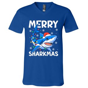 Merry Sharkmas Santa Hat Lights Funny Christmas Snowflakes Gift V-Neck T-Shirt