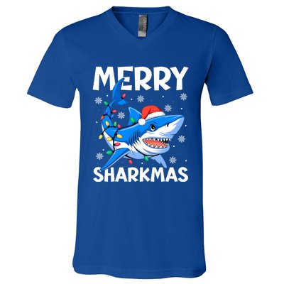 Merry Sharkmas Santa Hat Lights Funny Christmas Snowflakes Gift V-Neck T-Shirt