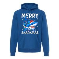 Merry Sharkmas Santa Hat Lights Funny Christmas Snowflakes Gift Premium Hoodie