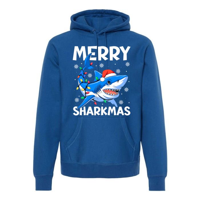 Merry Sharkmas Santa Hat Lights Funny Christmas Snowflakes Gift Premium Hoodie