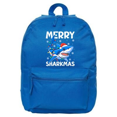 Merry Sharkmas Santa Hat Lights Funny Christmas Snowflakes Gift 16 in Basic Backpack