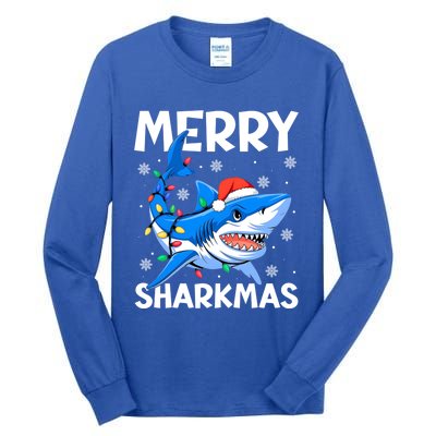 Merry Sharkmas Santa Hat Lights Funny Christmas Snowflakes Gift Tall Long Sleeve T-Shirt