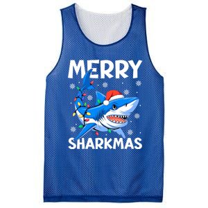 Merry Sharkmas Santa Hat Lights Funny Christmas Snowflakes Gift Mesh Reversible Basketball Jersey Tank