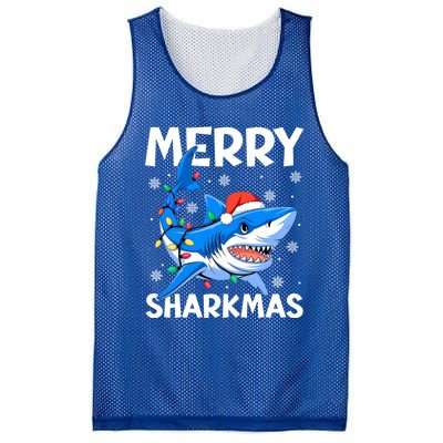 Merry Sharkmas Santa Hat Lights Funny Christmas Snowflakes Gift Mesh Reversible Basketball Jersey Tank