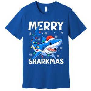 Merry Sharkmas Santa Hat Lights Funny Christmas Snowflakes Gift Premium T-Shirt