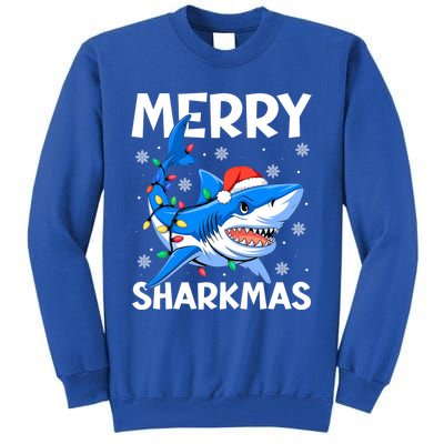 Merry Sharkmas Santa Hat Lights Funny Christmas Snowflakes Gift Tall Sweatshirt