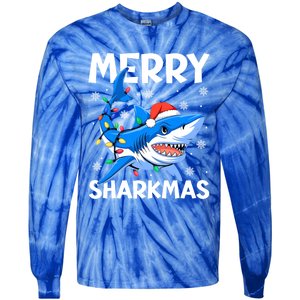 Merry Sharkmas Santa Hat Lights Funny Christmas Snowflakes Gift Tie-Dye Long Sleeve Shirt