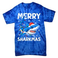 Merry Sharkmas Santa Hat Lights Funny Christmas Snowflakes Gift Tie-Dye T-Shirt