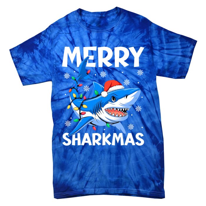 Merry Sharkmas Santa Hat Lights Funny Christmas Snowflakes Gift Tie-Dye T-Shirt