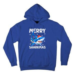 Merry Sharkmas Santa Hat Lights Funny Christmas Snowflakes Gift Tall Hoodie