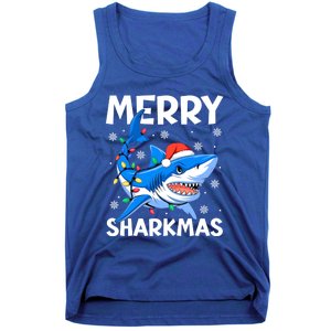 Merry Sharkmas Santa Hat Lights Funny Christmas Snowflakes Gift Tank Top