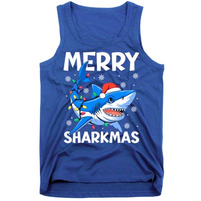 Merry Sharkmas Santa Hat Lights Funny Christmas Snowflakes Gift Tank Top