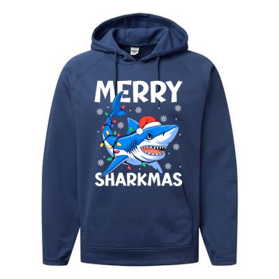 Merry Sharkmas Santa Hat Lights Funny Christmas Snowflakes Gift Performance Fleece Hoodie