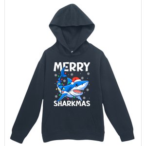 Merry Sharkmas Santa Hat Lights Funny Christmas Snowflakes Gift Urban Pullover Hoodie