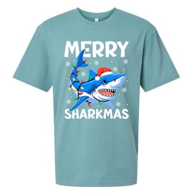 Merry Sharkmas Santa Hat Lights Funny Christmas Snowflakes Gift Sueded Cloud Jersey T-Shirt