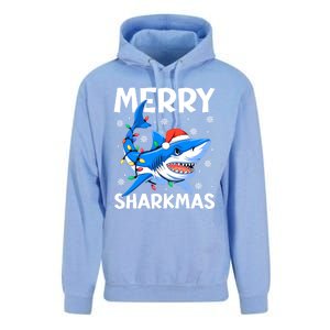 Merry Sharkmas Santa Hat Lights Funny Christmas Snowflakes Gift Unisex Surf Hoodie