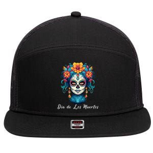 Mexican Sugar Skull Girl Halloween Dia De Los Muertos 7 Panel Mesh Trucker Snapback Hat