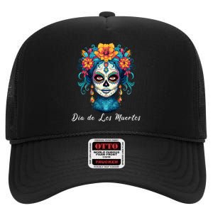 Mexican Sugar Skull Girl Halloween Dia De Los Muertos High Crown Mesh Back Trucker Hat