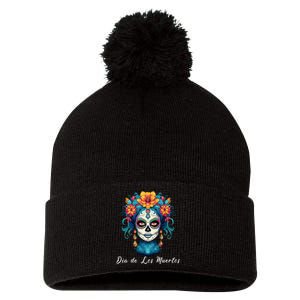 Mexican Sugar Skull Girl Halloween Dia De Los Muertos Pom Pom 12in Knit Beanie