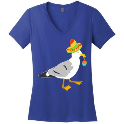 Mexican Seagull Sombrero Costume Maraca Funny Bird Funny Gift Women's V-Neck T-Shirt