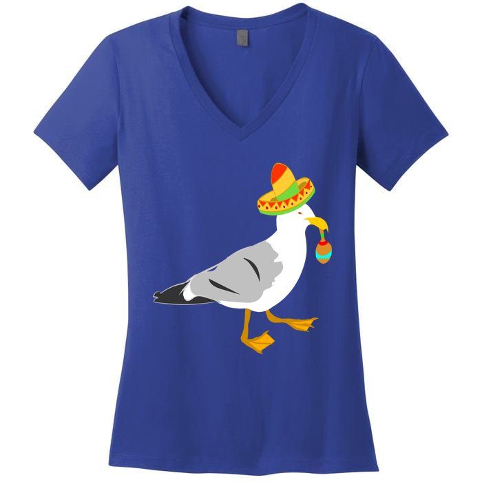 Mexican Seagull Sombrero Costume Maraca Funny Bird Funny Gift Women's V-Neck T-Shirt