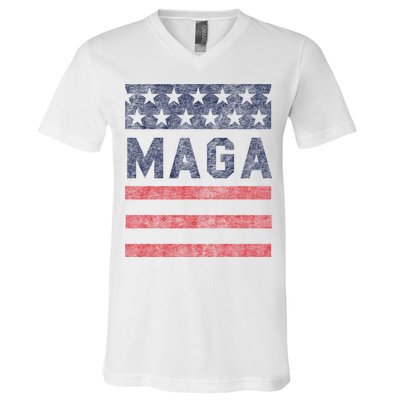 Maga Stars & Stripes Retro Vintage Distressed Graphic V-Neck T-Shirt