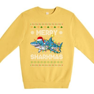 Merry Sharkmas Shark Santa Ugly Christmas Lights Xmas Premium Crewneck Sweatshirt