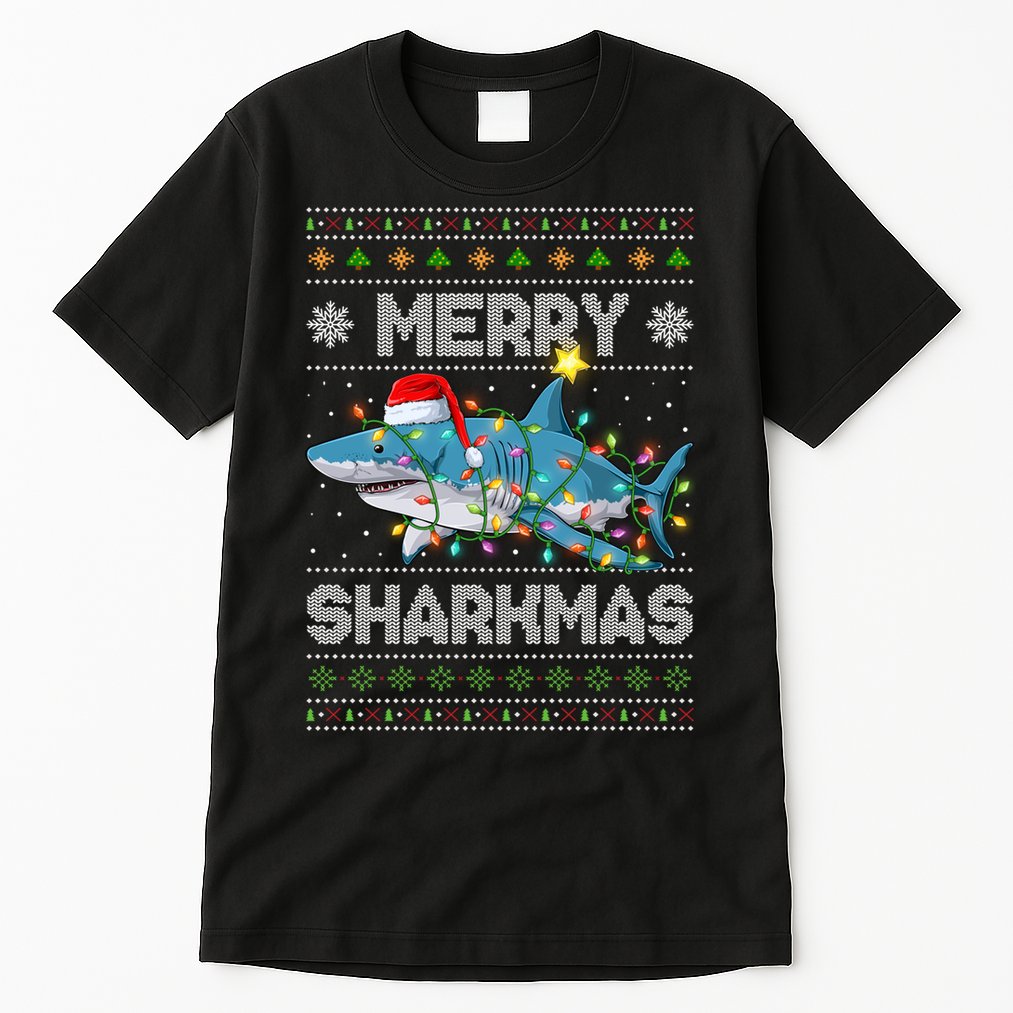 Merry Sharkmas Shark Santa Ugly Christmas Lights Xmas Tall T-Shirt