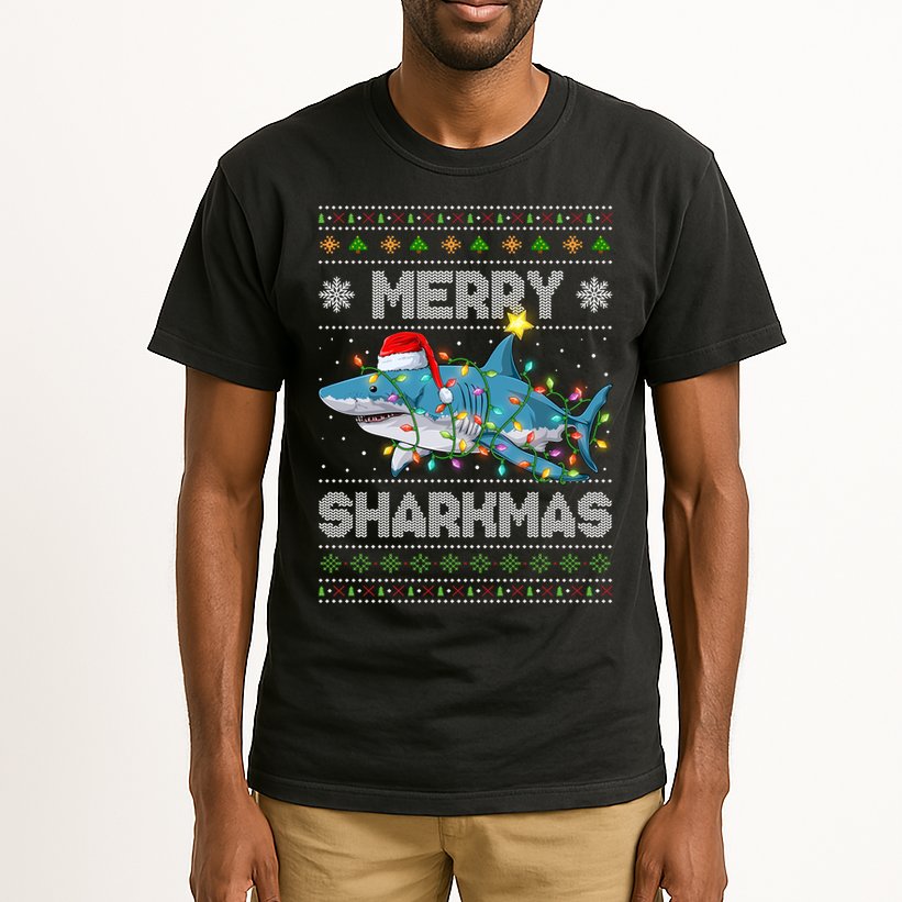 Merry Sharkmas Shark Santa Ugly Christmas Lights Xmas Tall T-Shirt