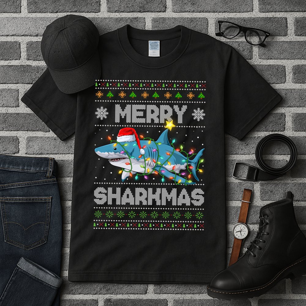 Merry Sharkmas Shark Santa Ugly Christmas Lights Xmas Tall T-Shirt