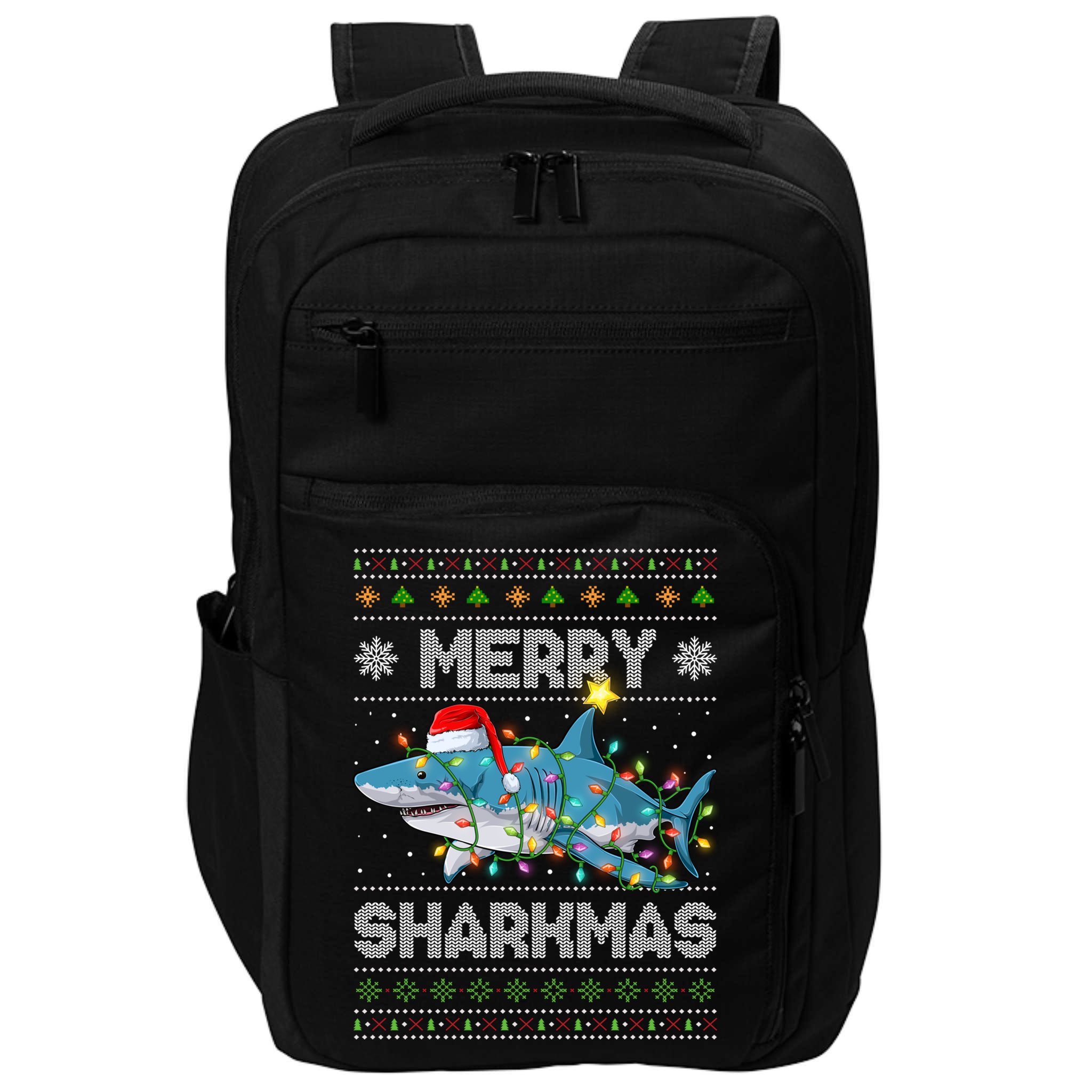 Merry Sharkmas Shark Santa Ugly Christmas Lights Xmas Impact Tech Backpack