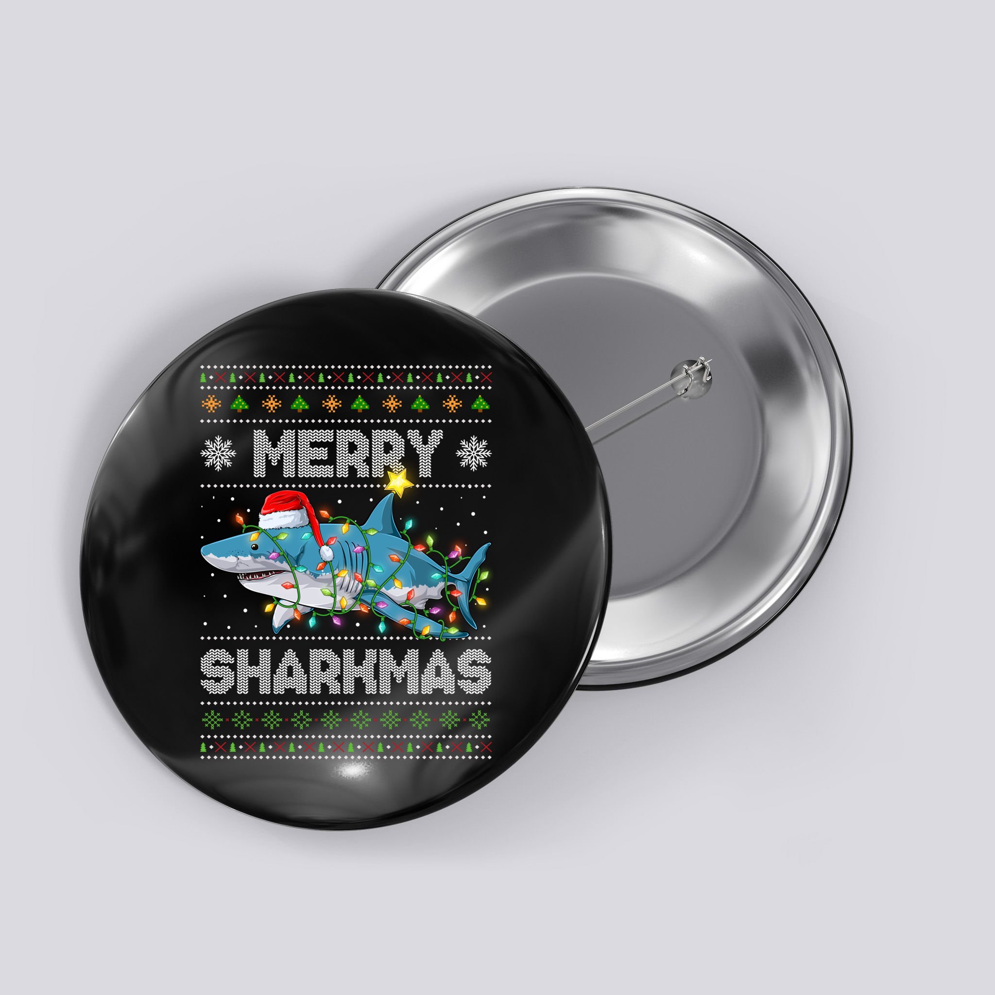Merry Sharkmas Shark Santa Ugly Christmas Lights Xmas Button
