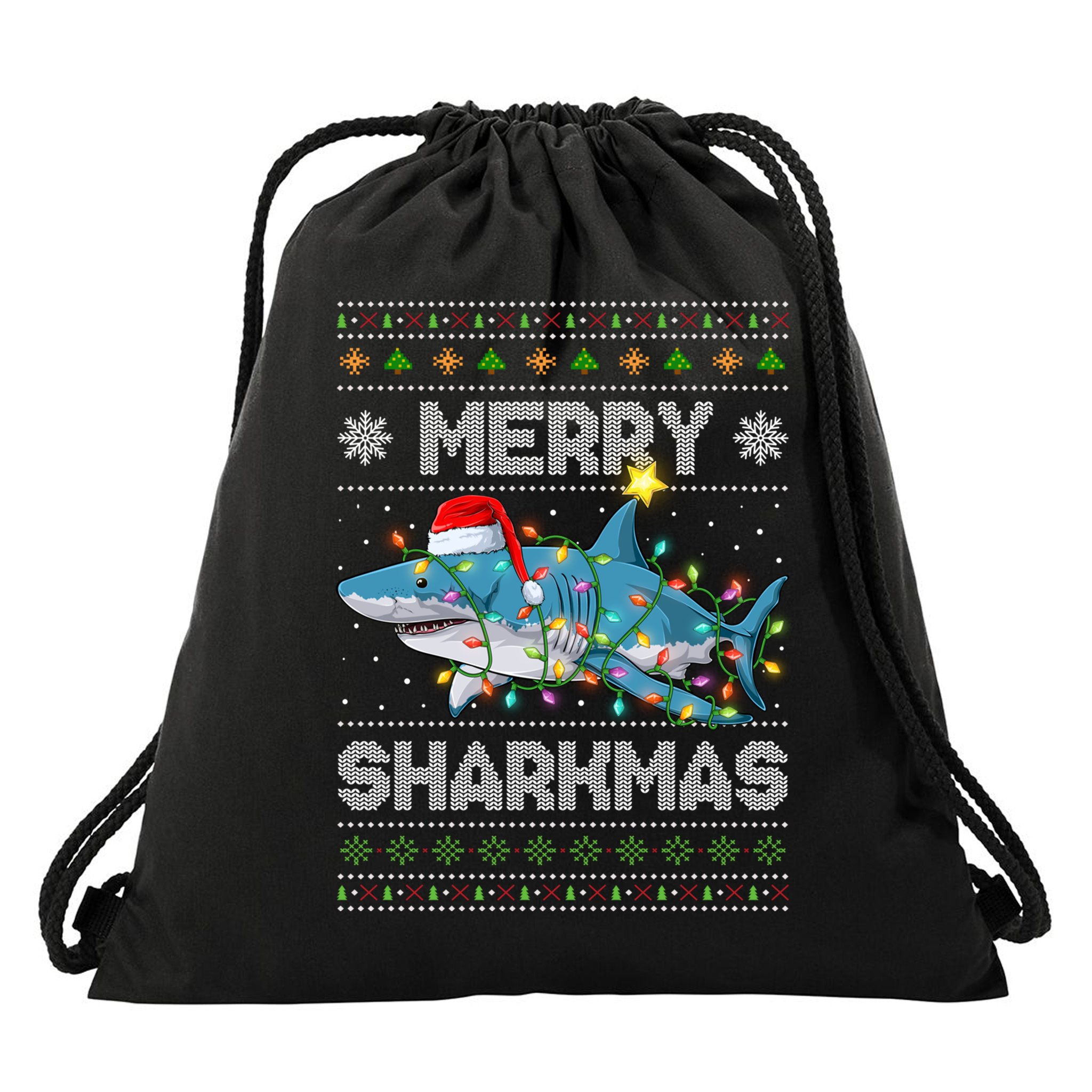 Merry Sharkmas Shark Santa Ugly Christmas Lights Xmas Drawstring Bag