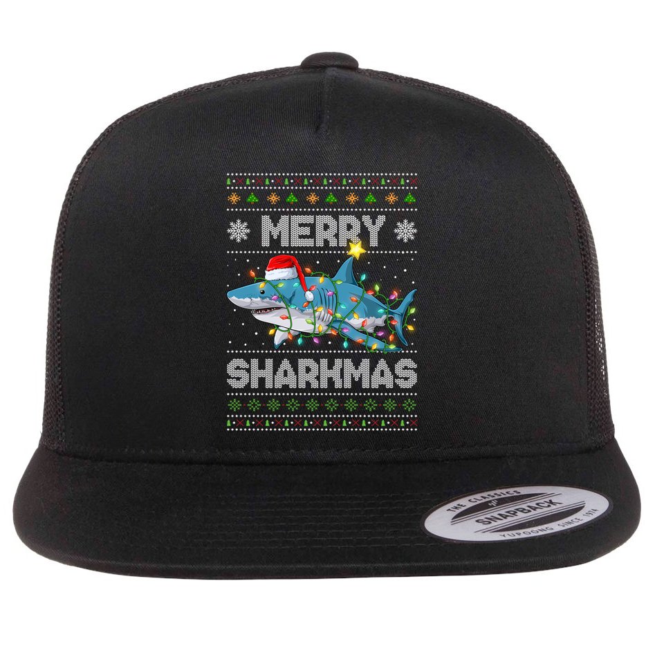 Merry Sharkmas Shark Santa Ugly Christmas Lights Xmas Flat Bill Trucker Hat