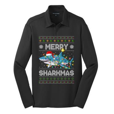 Merry Sharkmas Shark Santa Ugly Christmas Lights Xmas Silk Touch Performance Long Sleeve Polo