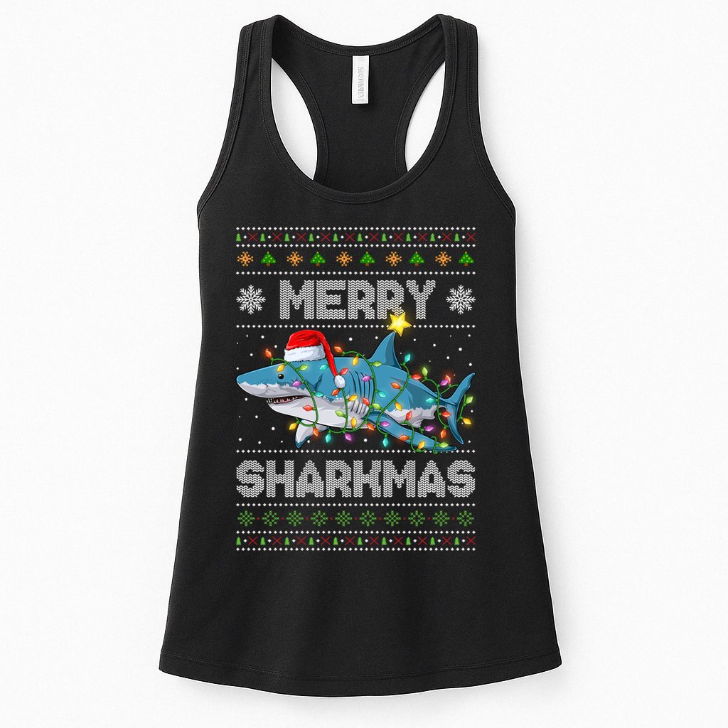 Merry Sharkmas Shark Santa Ugly Christmas Lights Xmas Womens Tank Top