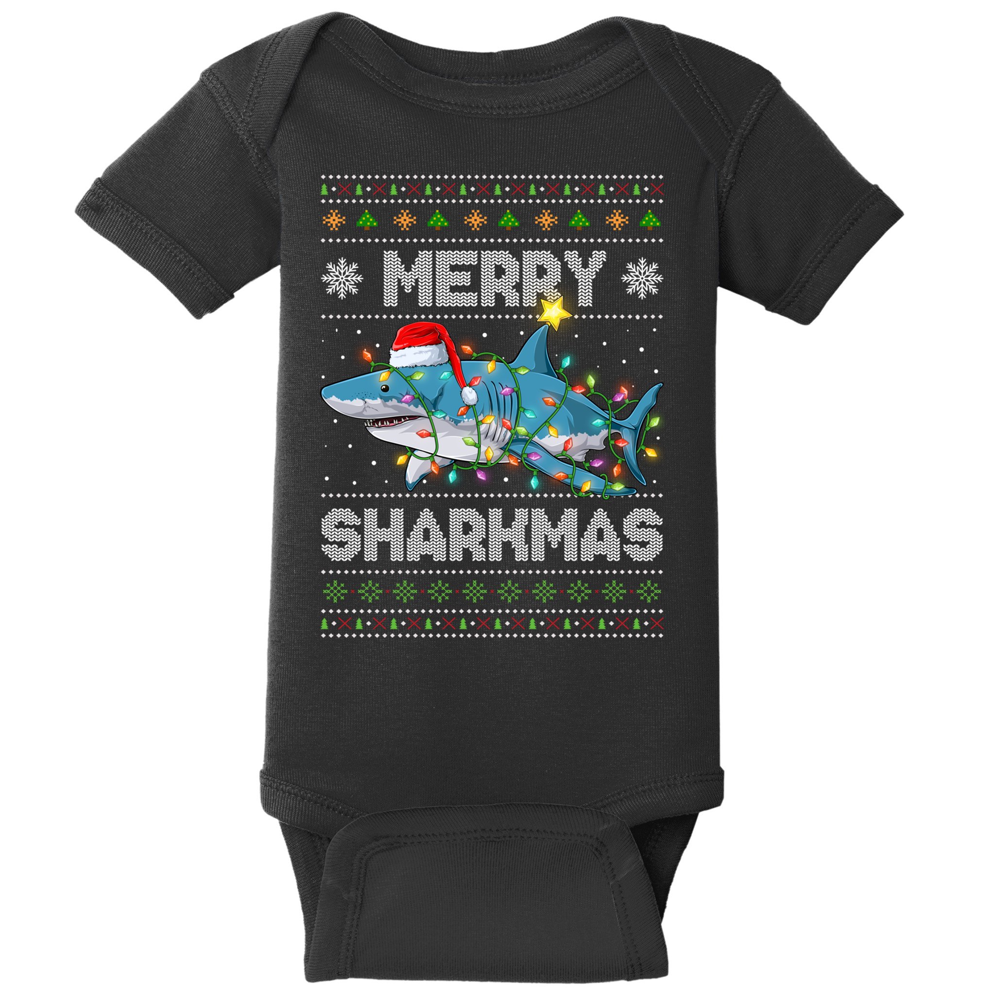 Merry Sharkmas Shark Santa Ugly Christmas Lights Xmas Baby Bodysuit