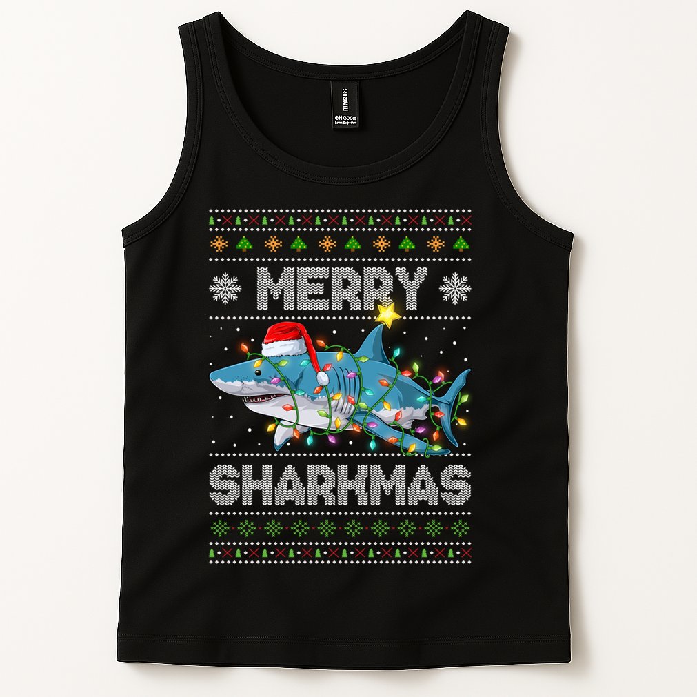 Merry Sharkmas Shark Santa Ugly Christmas Lights Xmas Tank Top