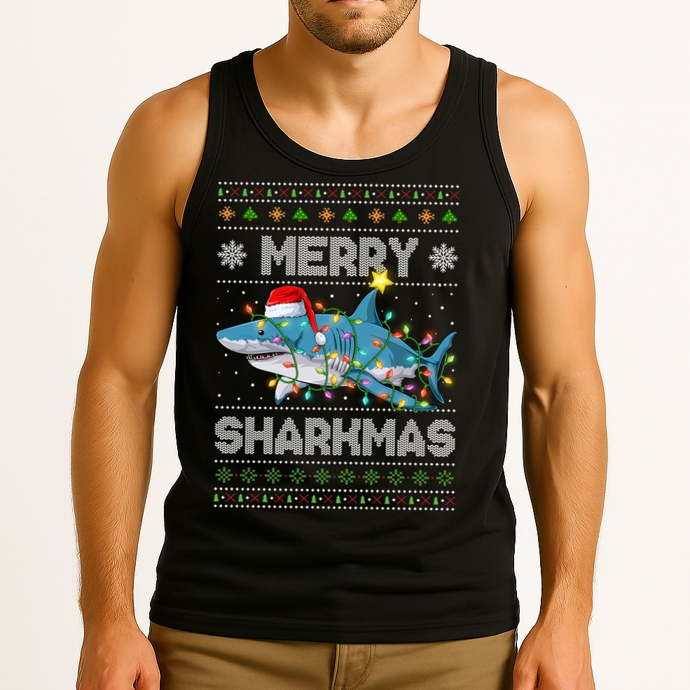 Merry Sharkmas Shark Santa Ugly Christmas Lights Xmas Tank Top