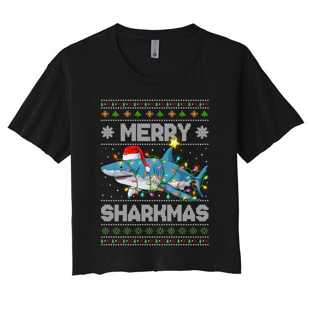 Merry Sharkmas Shark Santa Ugly Christmas Lights Xmas Women's Crop Top Tee