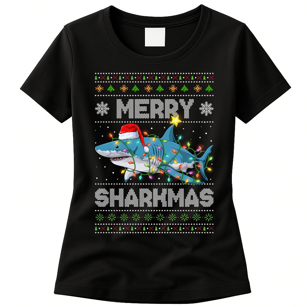 Merry Sharkmas Shark Santa Ugly Christmas Lights Xmas Womens T-Shirt