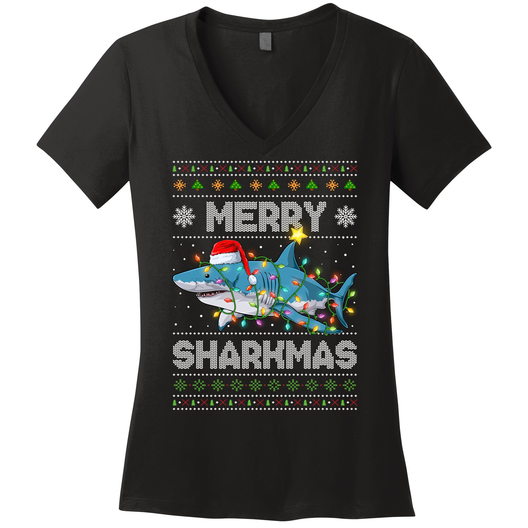 Merry Sharkmas Shark Santa Ugly Christmas Lights Xmas Women's V-Neck T-Shirt